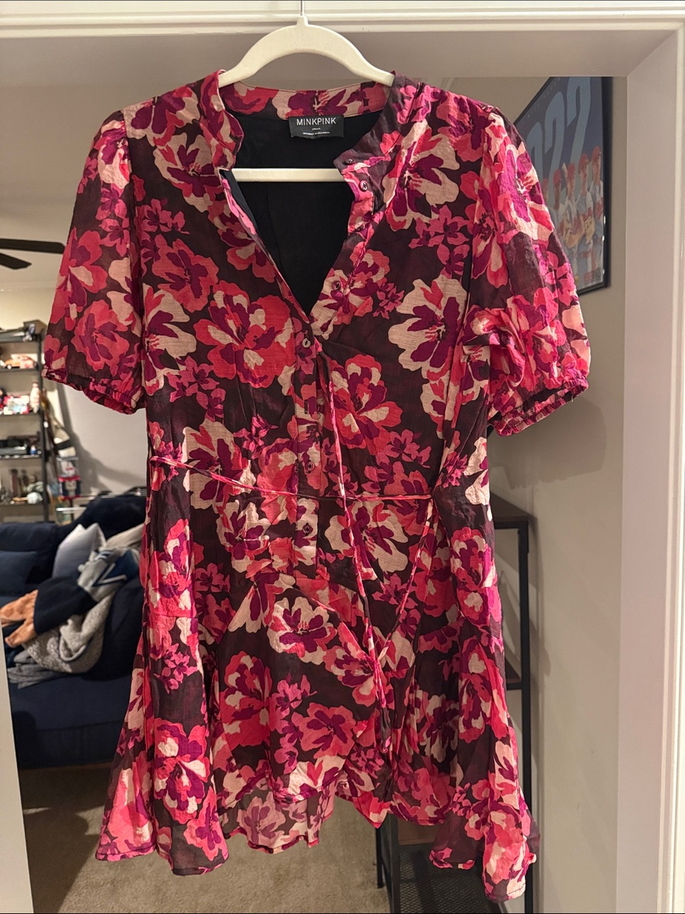 MINKPINK Brown and Pink Floral V-Neck Mini Dress